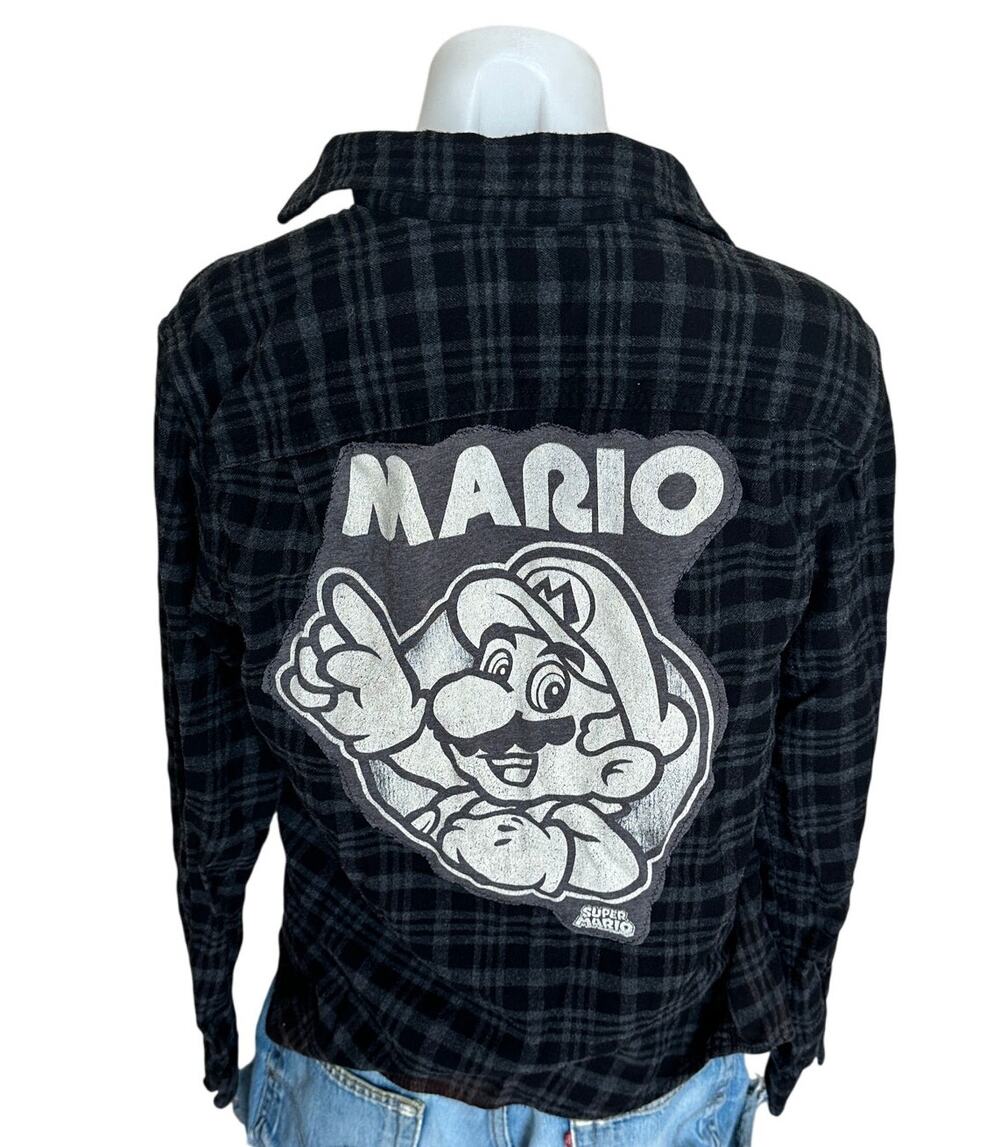 Mario Plaid Flannel Shirt SMALL Oversized Upcycle Unique Gamer KIdcore Geek